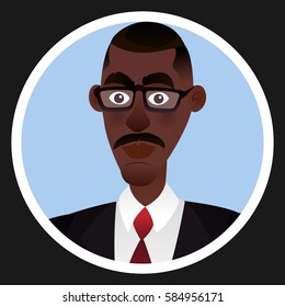 Afro american businessman in glasses. Avatar userpic. Cartoon style. Vector illustration.