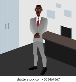 Afro american businessman on the office background. Cartoon style. Vector illustration.