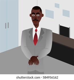 Afro american businessman on the office background. Cartoon style. Vector illustration.
