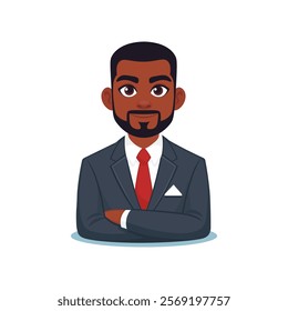 Afro American Businessman in Suit with Confident Expression and Folded Arms, cartoon character