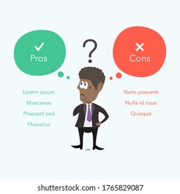Afro american businessman thinks about pros and cons. Easy to use for your website or presentation with place for your content.
