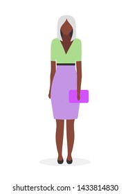 Afro american businesswoman flat vector illustration. Black young woman with blonde hair in formal clothing. Elegant dark skinned lady wearing skirt and bag cartoon character. Student, business woman