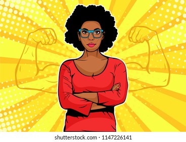 Afro american businesswoman with muscles pop art retro style. Strong Businessman in comic style. Success concept vector illustration.