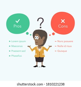 Afro american businesswoman thinks about pros and cons. Easy to use for your website or presentation with place for your content.