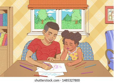 Afro american children drawing at home.