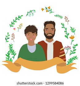 Afro american couple in floral wreath. St. Valentine’s Day card design.