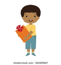 Afro american cute boy with gift. Cartoon child keeps present.