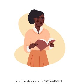 Afro American cute girl reading book flat cartoon illustration. Study concept banner design. Woman holding textbook, preparing for exams background. Bookworm concept art. Smart lifestyle.