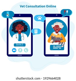 Afro American Doctor check up cat. Online Veterinary appointment. Telehealth for pet. RemoteVet consultation.   Conference with veterinarian clinic from home. 