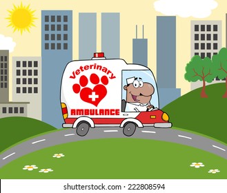 Afro American Doctor Driving Veterinary Ambulance In The City. Vector Illustration