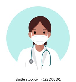 Afro American Doctor In Medical Protective Mask Against Covid-19. Black Young Nurse With Stethoscope And In White Coat. Professional Avatar, Profile, Woman Icon. Portrait For Web Site, Mobile App.