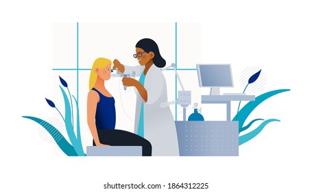 Afro American Doctor Performing Body Plethysmography on Caucasian Patient in Medical Office or Laboratory. Respiratory Diseases. Modern Flat Vector Illustration. Lung Function Test on Patient.