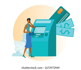 Afro American Elegant Woman Using ATM Transaction Services for Withdrawal or Putting Cash Cartoon. Flat Credit or Debit Plastic Bank Card. Payment Automatic Teller Machine. Vector Illustration