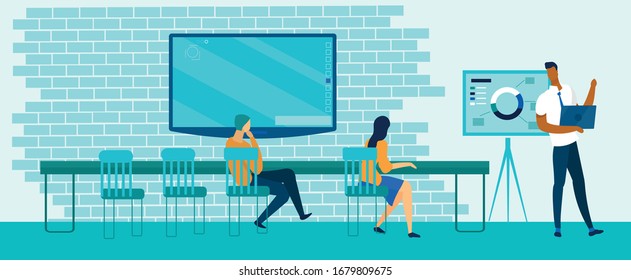 Afro American Executive Manager Reporting at Dashboard with Graphs and Charts. Office Workers Meeting in Conference Hall. Statistics, Analytics, Strategic Management. Vector Flat Cartoon Illustration