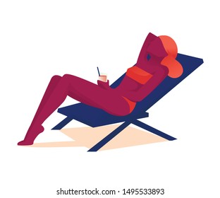 Afro American Faceless Woman Sunbathing. Lady Lying on Deck Chair and Taking Sun Bath. Female Tourist Lounging on Chaise Lounge with Refreshing Drink. Isolated Flat Cartoon. Vector Illustration