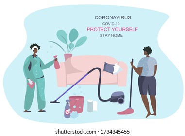 Afro American Family Cleaning House During Quarantine,Mopping,Wiping Dust and Vacuum Cleaning.Cleaning Floor with Broom and Bucket.Care of Plant.Housework with Vacuum Cleaner.Flat Vector Illustration