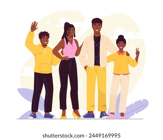 Afro american family concept. Man and woman with boy and girl. Father and mother, daughter and son. Good relations between family members. Cartoon flat vector illustration isolated on white background