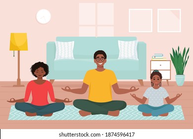 Afro american family doing yoga together at home. Cute vector illustration in flat style