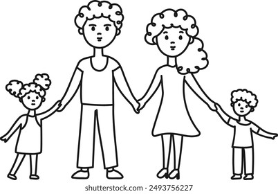 Afro American family with a son and a daughter. Happy mom, dad, daughter, son. Freehand drawing, children's line doodles. Vector illustration isolated on white.