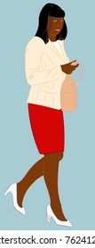 Afro American fashionable woman holding a handbag in her arm. Realistic vector illustration