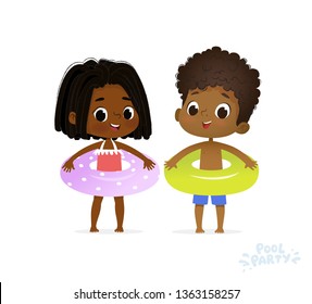 Afro American Girl and Boy in Joy Swimming Pool. Fun Summer Vacation on Sea. Character Children Birthday Party. Happy Child in Swimsuit Relax with Ring. Flat Cartoon Vector Illustration.