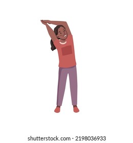 Afro american girl doing sport activities, bent or stretching arms to left side. Vector small sportive lady flat cartoon character isolated on white, healthy lifestyle of daughter