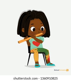 Afro American Girl with Dreadlocks Play on Fife. Music Stereo Sound. Jazz Band Performance. Young Funny Star. Modern Blue Slippers. Creative Green Yellow Jeans Flat Cartoon Vector Illustration