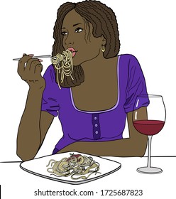 Afro american girl eat spaghetti with glass of wine. Hand drawn vector illustration of pretty african american woman eats paste, large plate of instant noodles. Isolated on white background. Cartoon