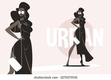 Niña afroamericana con ilustraciones vectoriales de moda. Mujer elegante vestida de negro con bolsa de estilo plano. Grabado urbano. Concepto de moda y belleza. Aislado sobre fondo rosa