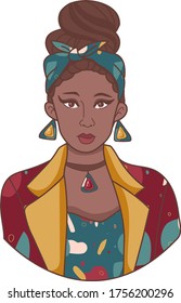 Afro american girl portrait with bright print clothes and jewelry (Ideal for printing on fabric or paper, poster or wallpaper, house decoration) 