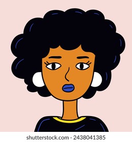 Afro american girl portrait in doodle style. Young woman with curly black hair. Character portrait vector illustration. Avatars of woman