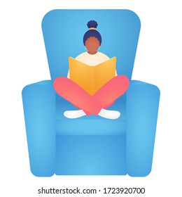 Afro American Girl Reading. Child or Teenager With Book in Armchair Isolated on White Background. Concept of Leisure or Learning at Home. Minimalist Vector Illustration