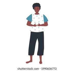 Afro american girl stands and hesitates. Shy female character standing isolated on white background. Woman smiles shyly and crosses her fingers. Lady looks at something embarrassed vector illustration