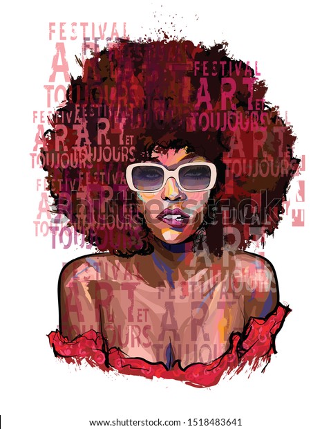 グランジ文字の背景にサングラスをかけたアフロアメリカの女の子 ベクターイラスト 布 紙 ポスター 壁紙に印刷する場合に理想的 家の装飾 完全に架空のポートレート のベクター画像素材 ロイヤリティフリー