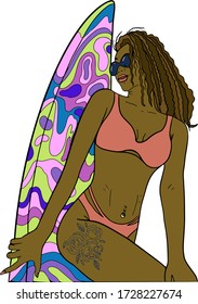 Afro american girl surfer with ornament surfing board. Hand drawn vector colorful llustration of young women in swimsuit. Trendy fashion design for surfing. Summer poster. Isolated on white background