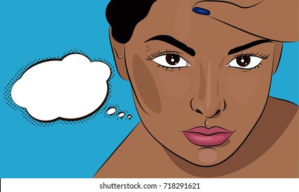 Afro american girl thinking of smth, sweet dreams, vector illustration, banner, ads