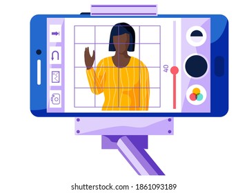 Afro american girl is waving hand on phone screen. Female character in a yellow sweater is singing and recording. A person watches the broadcast from a phone fixed to a monopod vector illustration