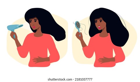 afro american the girl's hair falls out from the hair dryer. Hair care problem. Before and after Colored element sign from beauty salon collection. Flat Hair Drying icon sign for web design