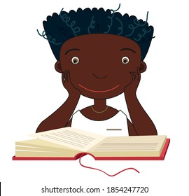 Afro american guy reading a book on a white background