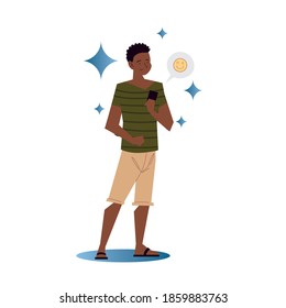 afro american guy using smartphone sending emoji vector illustration