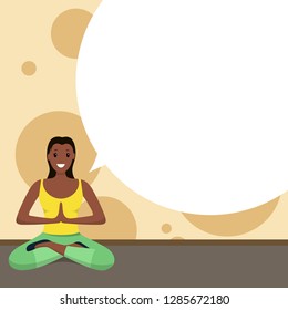 Afro American Happy Woman Lotus Pose in City Park Banner Image Character Girl Doing Yoga. Smiling Young Woman Sits Lotus Position. Girl Sharing her Thoughts in Relation Sport Home