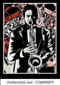 Afro american jazz musician playing saxophone - vector illustration (Ideal for printing on fabric or paper, poster or wallpaper, house decoration)