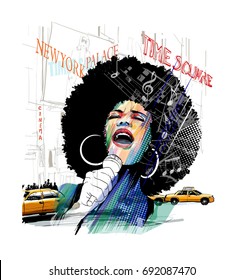 Afro american jazz singer in New York - vector illustration