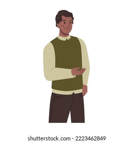 Afro american male character with raised hand asking and gesturing. Isolated portrait of calm man wearing casual clothes, formal wear of employee. Vector in flat cartoon style