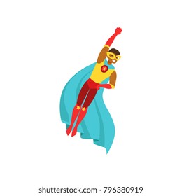 Afro american man character dressed as a super hero flying in the traditional heroic pose cartoon vector Illustration