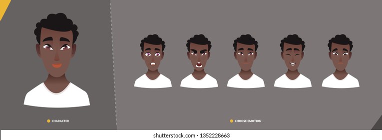 Afro american man character set of emotions. Young cartoon  character man for animation and motion design.  Set emotion faces in cartoon style