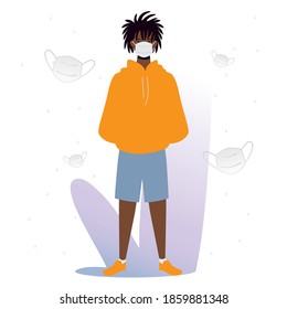 afro american man character wearing mask, during covid 19 vector illustration