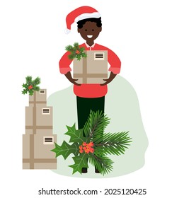 Afro American man delivering goods and products. Symbols of Christmas, New Year.