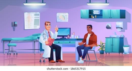 Afro american man in doctors office, consultation of patient with surgeon, practitioner, allergist or immunologist. Therapist and man listening to recommendations of doc vector cartoon character