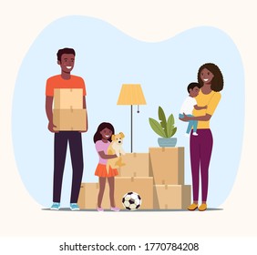 Afro American man  and girl hold boxes and dog. Moving.  Woman holding baby. Vector flat style illustration